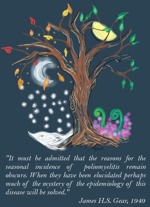 Art by Micaela Martinez-Bakker. Quote from JHS Gear (1949). The Virus of Poliomyelitis: Its Distribution and Methods of Spread. Journal of the Royal Sanitary Institute. 